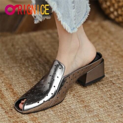 Orignice Sexy Peep Toe Women Sandals Square Heel Summer Fashion Slides Cut Out Slip On Cow Leather Office Ladies Casual Shoes