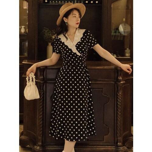 Women Summer Dress Lace Chic Cross Neck Temperament Elegant French White Polka Dot Black Puff Sleeve Retro Dress