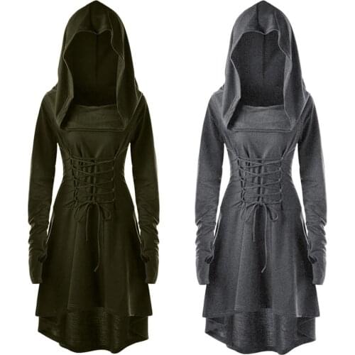 Y2k dress gothic long sleeve Women Costumes Lace Up Hooded Vintage Pullover High Low Bandage Midi Dress Cloak large plus sizes