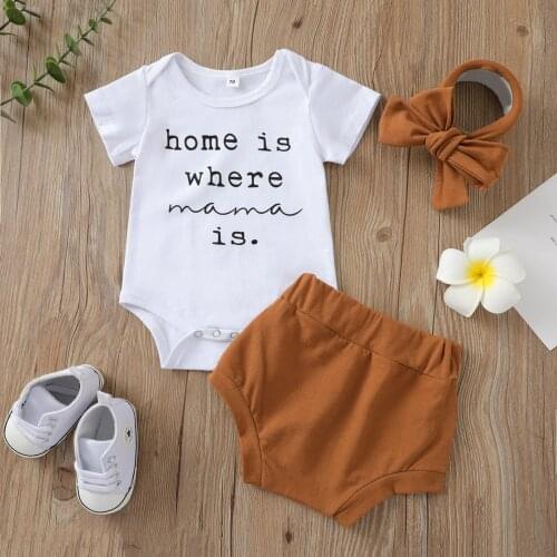 0-18M Newborn Infant Baby Girl Letter Print O-Neck Short Sleeves Romper Tops High Waist Shorts 2pcs Outfit Summer Tracksuits