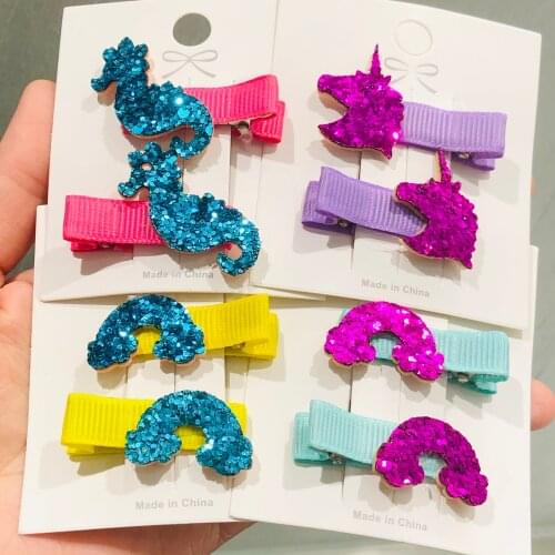 2Pcs Shining Rainbow Unicorn Hairpins For Girls Headwear Sweet Hair Clips Barrettes Kids Fashion Hair Accessories Birthday Gift