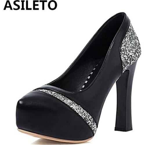 ASILETO 2021 Office Lady Elegant Pumps Glitter Platform Slip On Pointed Toe 11.5CM Spool Heel US12 Black Red Gold Sliver A4460