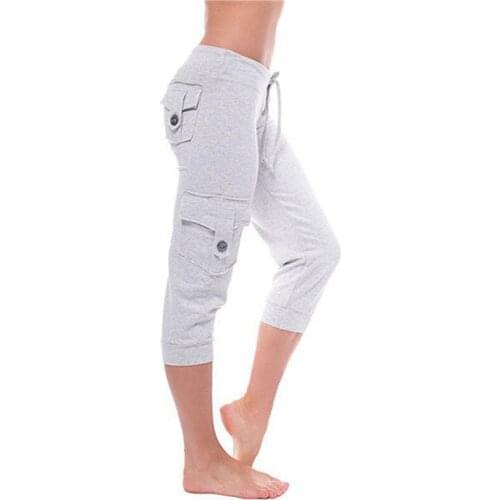 Women Calf Length Pants Casual Lace Up Pocket Fitness Ladies Pants Fashion Solid Color Female Button Pantalones