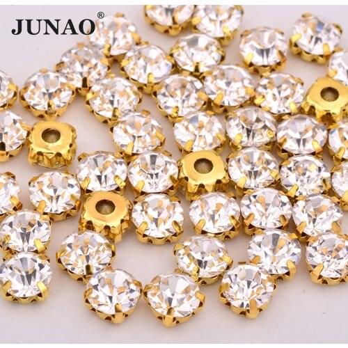 JUNAO 6 7 8 10 mm Sew On Clear Glass Crystals Gold Silver Claw Rhinestones Bridal Beads Applique Sewing Flatback Crystal Stones