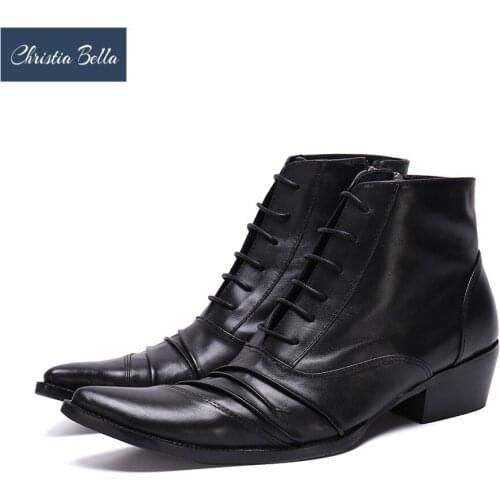 Christia Bella Large Size British Style Man Short Boots Man Real Leather Increase Height Ankle Boots Formal Dress Italian Boots