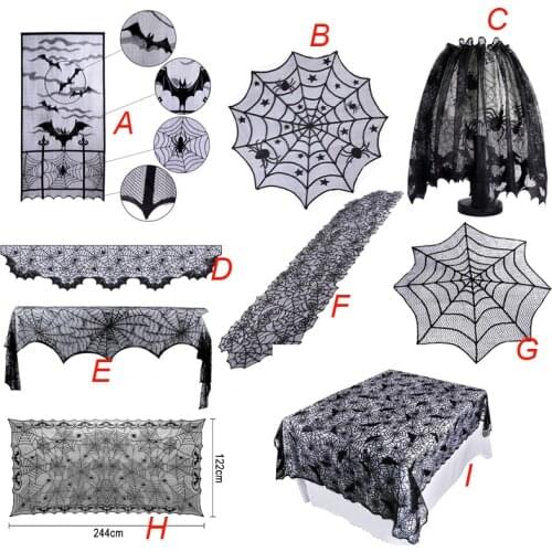 Hallowen Spider Tablecloth Black Lace Cobweb Fireplace Cover Table Runner for Halloween Home Event Party Decoration Props
