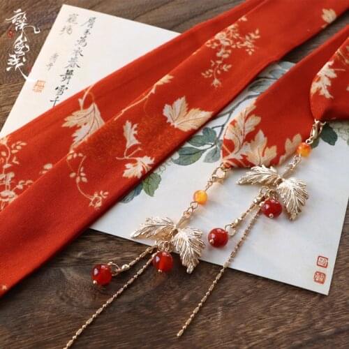 Hanfu decorations orange leaf tassel bow Headband Ancient Chinese hair headbands accessories kimono silk ribbon 3*148CM