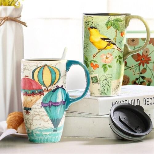 European Style Ceramic Lovely Large Capacity Coffee Breakfast Milk Mug with Cover Porcelain Office Tea Cup Household Drinkware