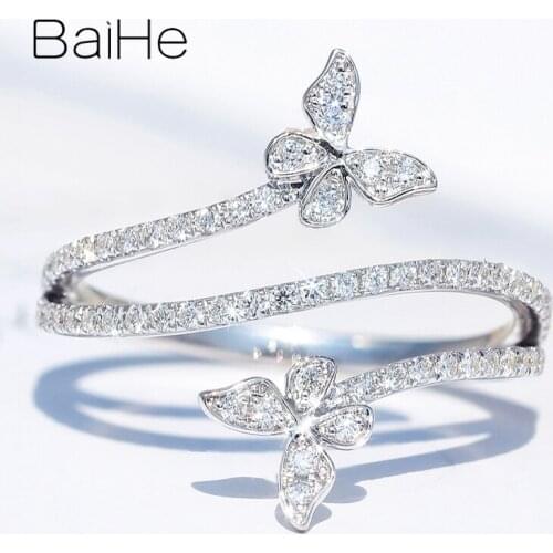 BAIHE Solid 14K White Gold 0.30ct H/SI Round Natural Diamonds Ring for Women Trendy Fine Jewelry Butterfly Ring кольца кольцо