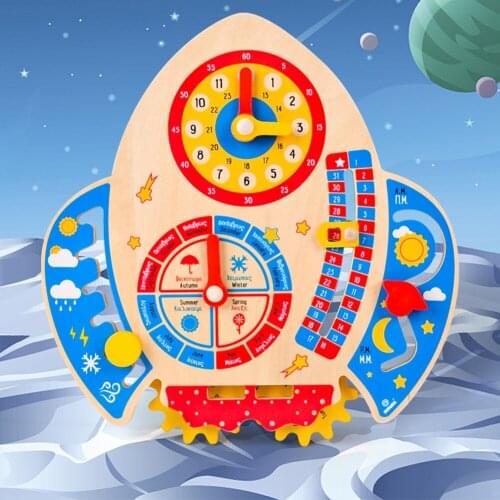 Creative Puzzle Rocket Clock Toy Kids Wooden Weather Date Time Season Clock Cognition Learning Wall Pendant Toys