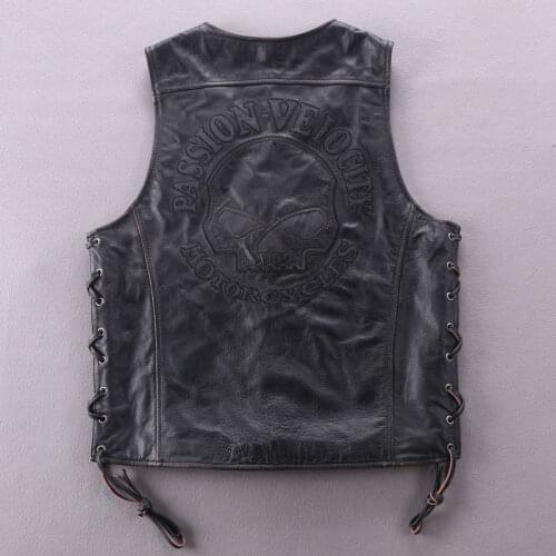 Fashion Genuine Men Slim Fit Solid Cowskin Leather Jacket Motorcycle Biker Vest V-neck Collar Short Coat