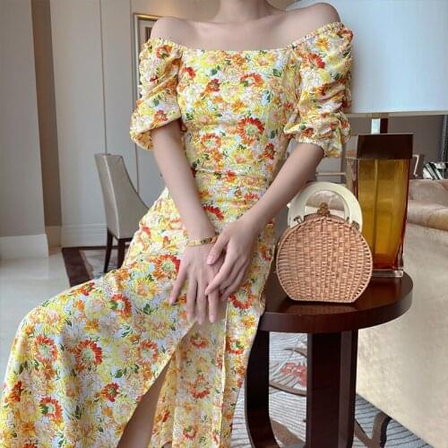 Summer Dress Women Short Puff Sleeve Flroal Printed Ruched Party High Split Long Maxi Dresses Sexy dress 2021 woman dress