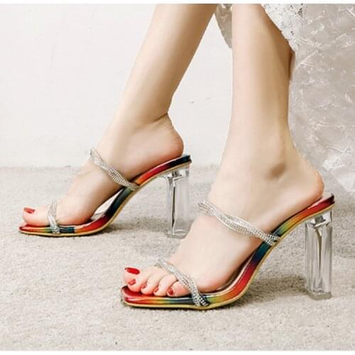 OllyMurs 2020 Summer Sexy Rainbow colors Transparent Womens Slippers Crystal Thick High Heels woman Sandals Casual Ladies Shoes