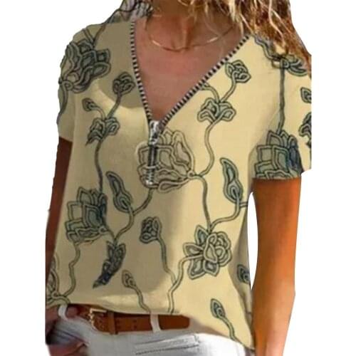 Summer T-shirt Women Elegant Floral Print Loose Female Tee Shirt Zipper V Neck Casual Short Sleeve Women T-shirt Top