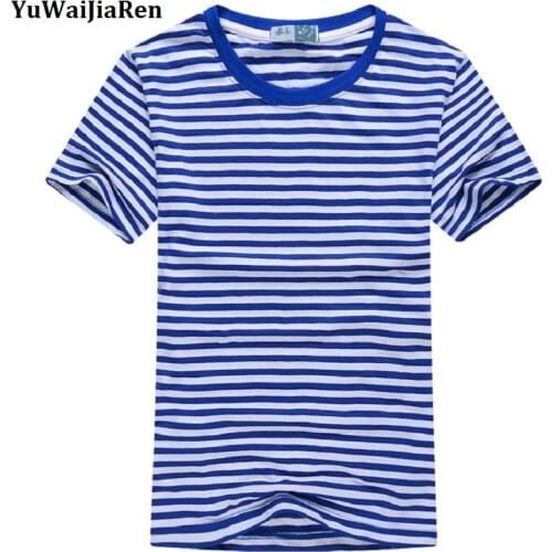 YuWaiJiaRen Men T shirts Blue White Striped Tops O-neck Cotton Short-sleeved Slim T-Shirt Man and Women Tees Plus Size M-5XL