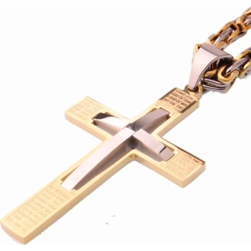 Granny Chic Silver Gold Black Color 316L Stainless Steel Cross Pendant Punk Style Mens Boys 6mm Byzantine Necklace Jewelry