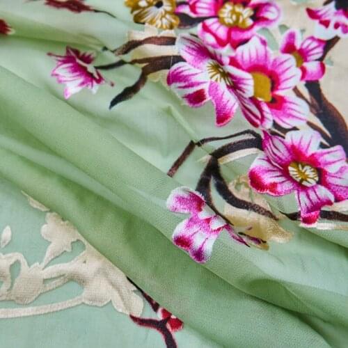 Pink Flowers On Light Green Burnt-Out Velvet Fabric For Dress Telas Por Metro Tissus Au MÈTre Ткань Для Шитья Одежды Sewing Diy