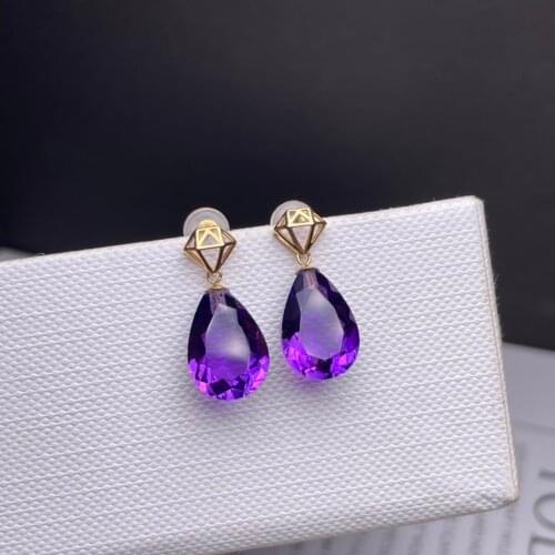 Shilovem 18K yellow Gold Piezoelectric Amethyst stud earrings fine Jewelry trendy gift new plant women 9*13mm myme0913552z