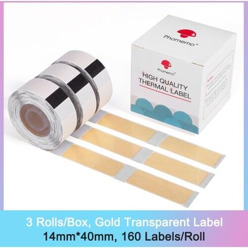 Phomemo D30 Thermal Label Adhesive Glitter Gold Transparent Label,14mmx40mm, for Phomemo D30 Label Maker,160 Labels/roll,3 Rolls