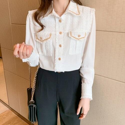 Fashion Tweed Patchwork Silk Shirts Women Long Sleeve Golden Chain Pocket Beading Shirts Blouse Office Lady Satin Silk Weave Top