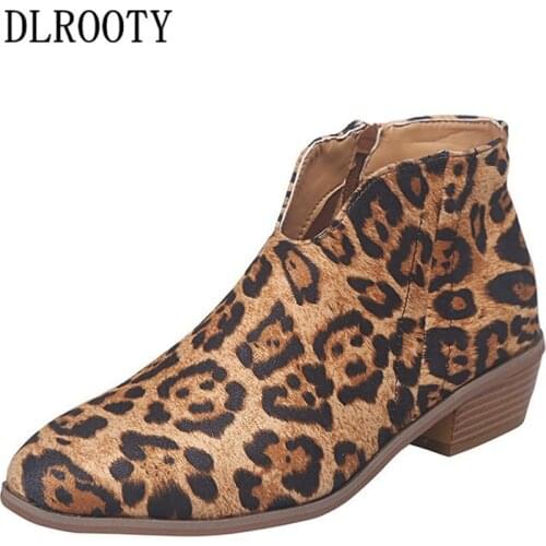 Women Ankle Boots Leopard Shoes Autumn Fashion Thick Heel Zipper Ladies Female Pumps Pointed Toe Casual Plus Size 35-43