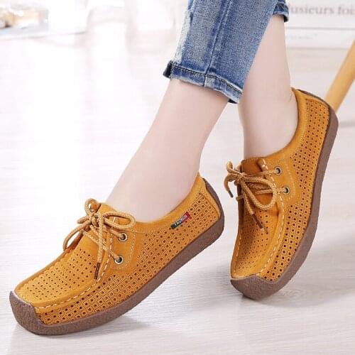 Women Flat Leather Shoes Hollow Out Breathable Chaussures Femme Casual Shoes Female Loafers High Quality Ladies Sneakers Size 42