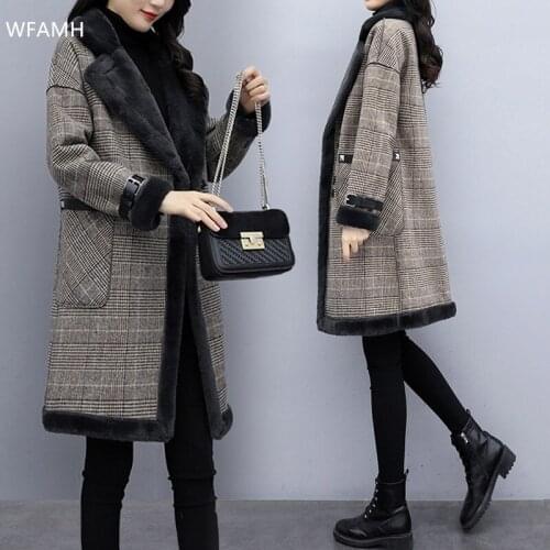 Large size womens fashion coarse floral plaid mink velvet loose mid-length plus velvet thick woolen coat lamb fur coat winter