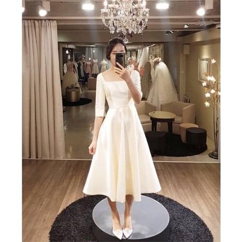 Simple Tea Length Wedding Dresses With Half Sleeves White Ivory Korea Bridal Dress Vestido De Novia Cheap A-line Wedding Gowns