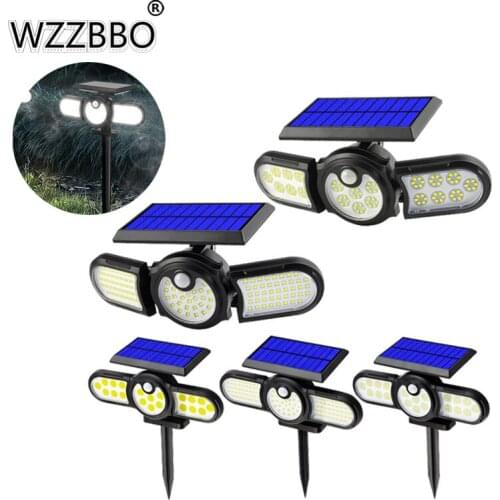 140 COB Outdoor Solar Lights For Garden Courtyard Three Head Lighting Lawn Ground Lamp PIR Motion Sensor Landscape Spotlights