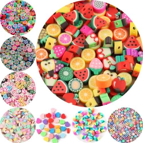 50pcs 10mm Mix Polymer Clay Heart Fruit Bohemian Soft Pottery Loose Spacer Beads for Needlework Jewelry Making DIY Bracelet