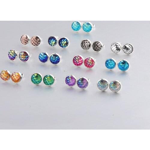 8MM 12MM Fish Scale Earrings Resin Cabochon Color Plated Stud for Women Men Girl Jewelry Gift