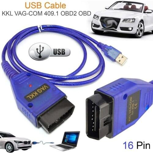 Car USB V W Vag-Com Interface Cable KKL VAG-COM 409.1 OBD2 II OBD Diagnostic Scanner for Cars Auto Cable Aux Trusk Blue Monitor