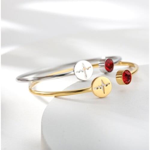 Heartbeat Cardiogram Bangles For Women Crystal Birthstone Open Cuff Stainless Steel Bangle Stethoscope Jewelry Gifts For Doctor