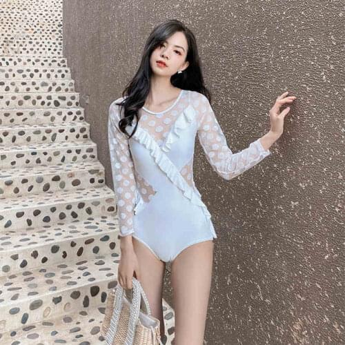 2021 New Long-Sleeved Big Polka Dot Ruffled Decorative Net Yarn Perspective Korean Fashion Sexy Small Chest Gathered Swimsuit