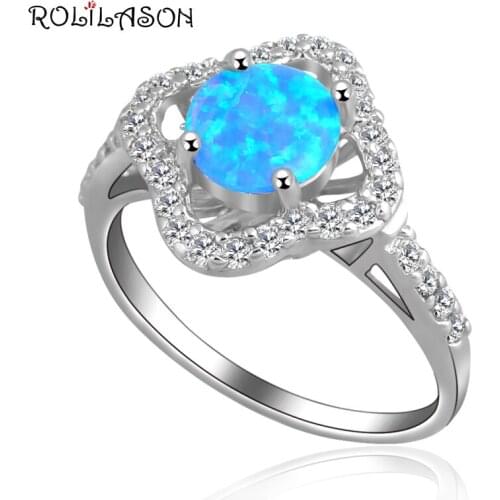 Delicate shining Flower design Blue fire Opal silver platedStamped Rings jewelry USA size#6.75 #7 #7.75 OR422