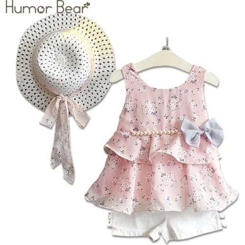 Humor Bear Girls Clothes Sets Summer Children Clothes Coat+Shorts+Hat kids Clothing 3PCS Suit