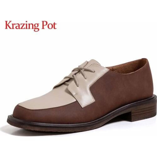 Krazing Pot european style genuine leather mixed colors cross-tied square toe thick med heel lace up office lady women pumps L17