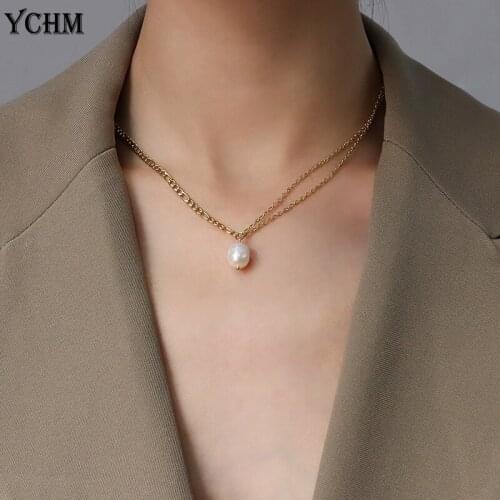 Freshwater Natural Pearl Layered Necklace Minimalist Figaro Choker Necklace for Women Jewelry Stainless Steel Necklace YCHM