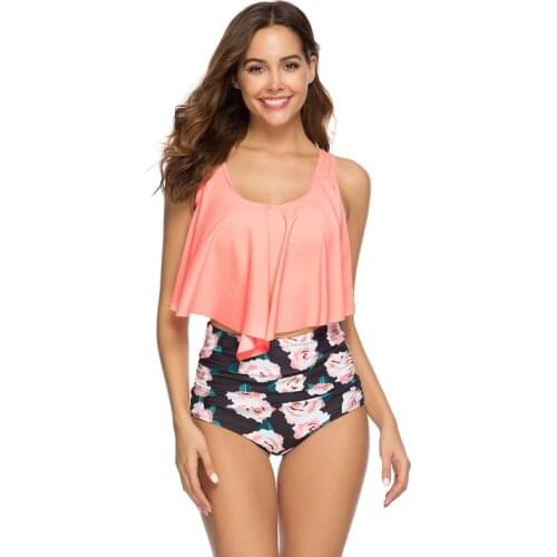 Fashion Womens U-Neck Quick-Dry Swimsuit Two Piece Ruffle Vest Top And High Waist Bottom Bikini Suit Multicolor Quick-dry