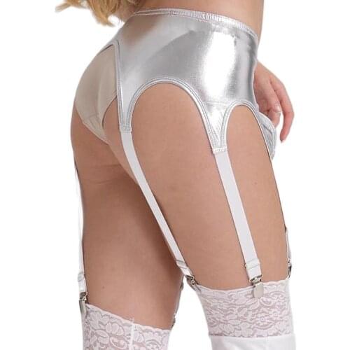 Silver Black Sexy PU Faux Leather Harness Shiny High Quality Garter Set 2cm Width 6 Garter Belt Stockings Suspender Belt Garters