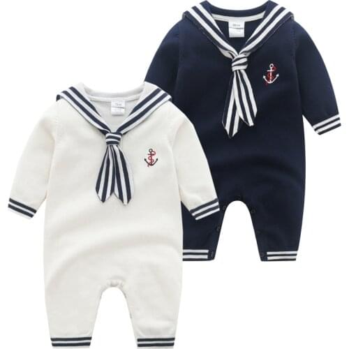 2021 New Baby Clothing Spring Autumn Baby Boys Navy Style Boys' Knitted One-piece Romper Infant Climbing Romper Handsome Outwear