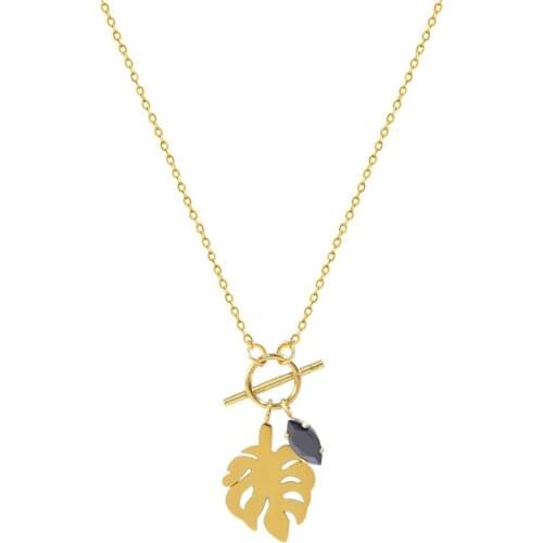 INS Hot French Choker Leaf Black Zircon Charm Jewelry Plated 18K Gold Titanium Steel Pendant Necklace For Women Girl Trendy Gift