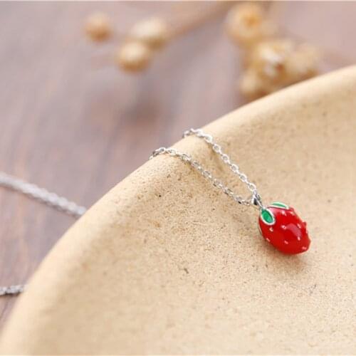 Buyee Real 925 Sterling Silver Fashion Necklace Charming Cute Red Enamel Strawberry Pendant Necklace for Women Party Jewelry