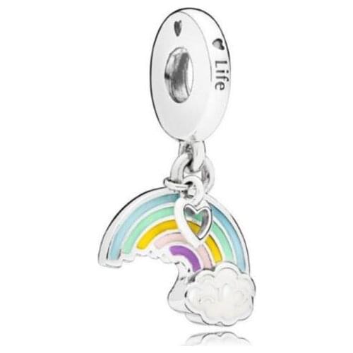 Genuine 925 Sterling Silver Charm Enamel Rainbow Of Love Heart Engraved Life Beads Fit Pan Bracelet & Necklace Jewelry
