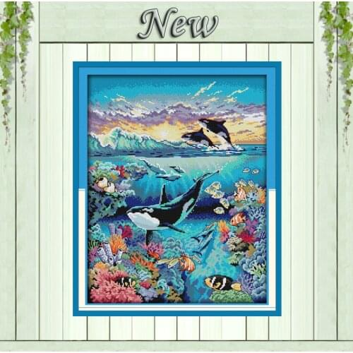 Underwater world fish sea animal diy painting pattern print on canvas DMC 11CT 14CT kits Cross Stitch embroidery needlework Sets
