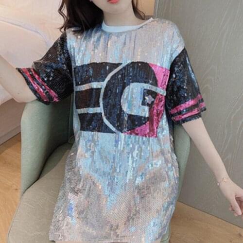Letter Sequined Straight Loose Slim Half Sleeve O-neck One Size Summer Casual High Street Sexy Club Women Dress 9850
