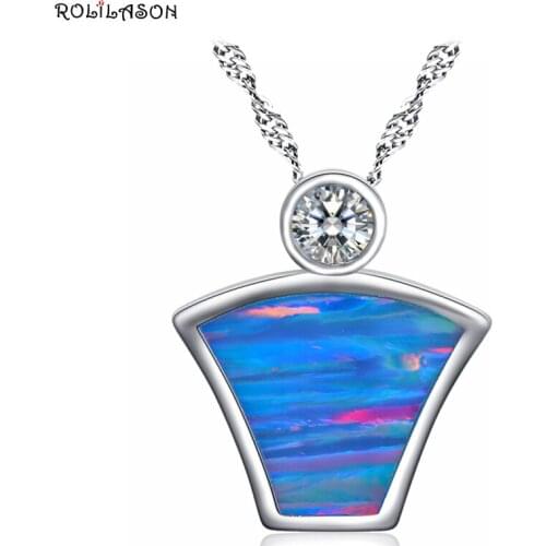 ROLILASON Hot wholesale and retail Blue with orange fire opal Silver stamped Necklace Pendant Fashion Jewelry For Women OP791