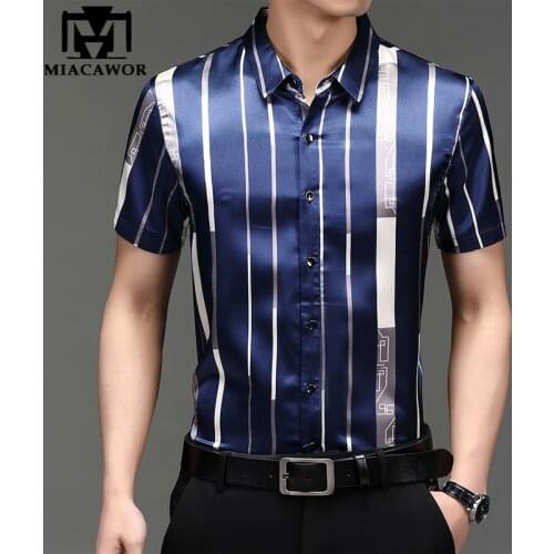 New Men Striped Shirts Fashion Silk Cotton Summer Short Sleeve Casual Shirt Slim Fit Camisa Masculina C767