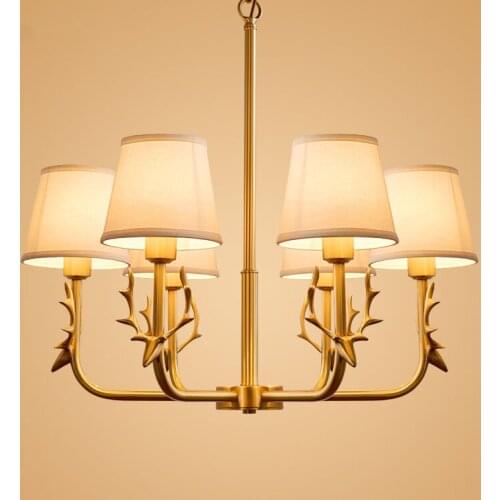 Modern Copper Antler Chandelier Fabric Lampshade LED Chandelier for Bedroom Dining Living Room Chandelier Home Lighting F080