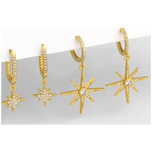 Eight-pointed star multicolor Brass micro pave cz zircon cubic zirconia drop Hoop Earrings copper gold plated crystal studs d3